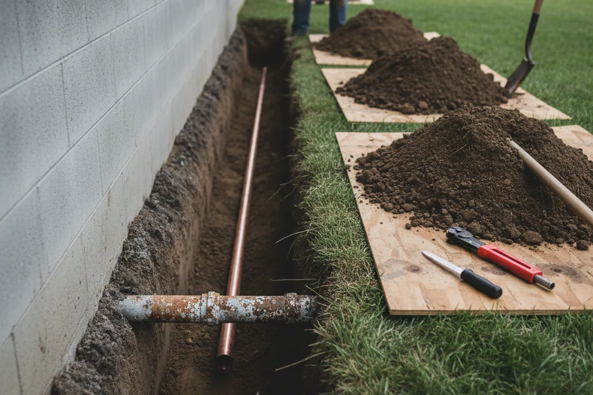 Excavated water line trench during Water Softener Installation in Hughes